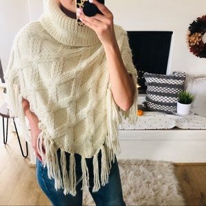 Ivory Fringe Poncho Turtleneck Sweater (E)